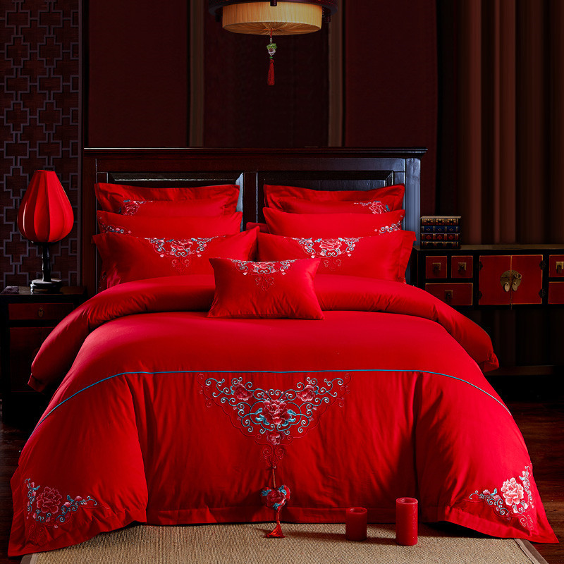 Direct Sales Wedding Embroidery Wedding Four-Piece Jacquard Red Wedding Match Sets-Piece Cotton Bedding Wedding bedding