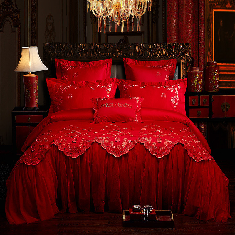 Direct Sales Wedding Embroidery Wedding Four-Piece Jacquard Red Wedding Match Sets-Piece Cotton Bedding Wedding bedding