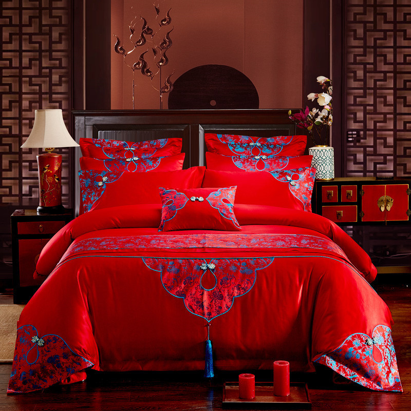 Direct Sales Wedding Embroidery Wedding Four-Piece Jacquard Red Wedding Match Sets-Piece Cotton Bedding Wedding bedding