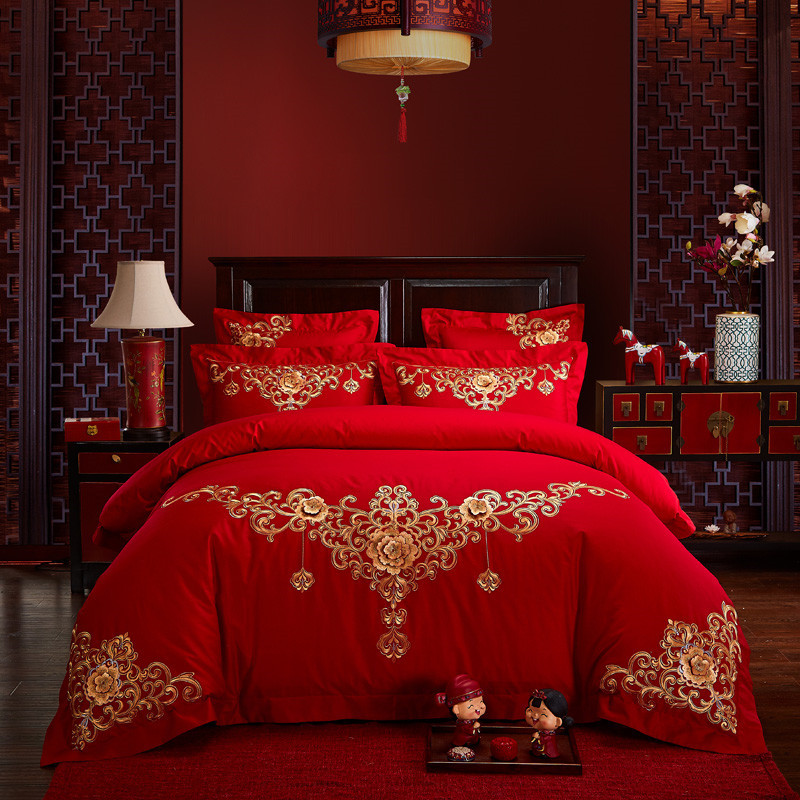 Direct Sales Wedding Embroidery Wedding Four-Piece Jacquard Red Wedding Match Sets-Piece Cotton Bedding Wedding bedding