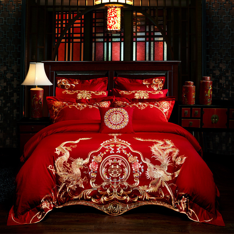 Direct Sales Wedding Embroidery Wedding Four-Piece Jacquard Red Wedding Match Sets-Piece Cotton Bedding Wedding bedding