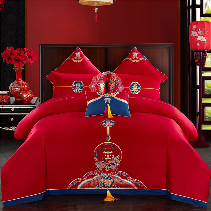 Direct Sales Wedding Embroidery Wedding Four-Piece Jacquard Red Wedding Match Sets-Piece Cotton Bedding Wedding bedding