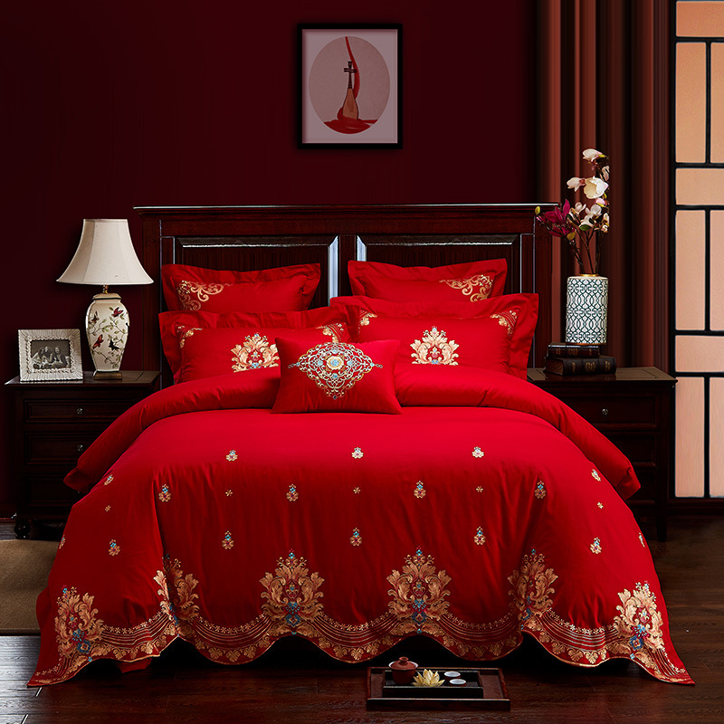 Direct Sales Wedding Embroidery Wedding Four-Piece Jacquard Red Wedding Match Sets-Piece Cotton Bedding Wedding bedding