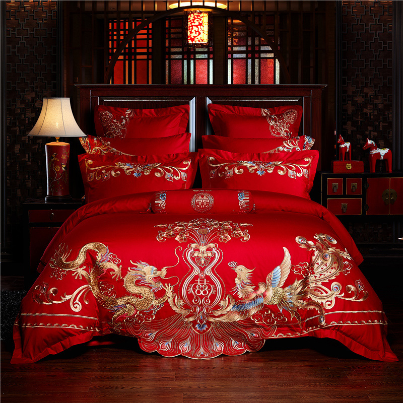 Direct Sales Wedding Embroidery Wedding Four-Piece Jacquard Red Wedding Match Sets-Piece Cotton Bedding Wedding bedding