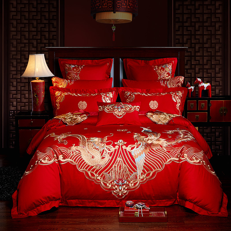 Direct Sales Wedding Embroidery Wedding Four-Piece Jacquard Red Wedding Match Sets-Piece Cotton Bedding Wedding bedding