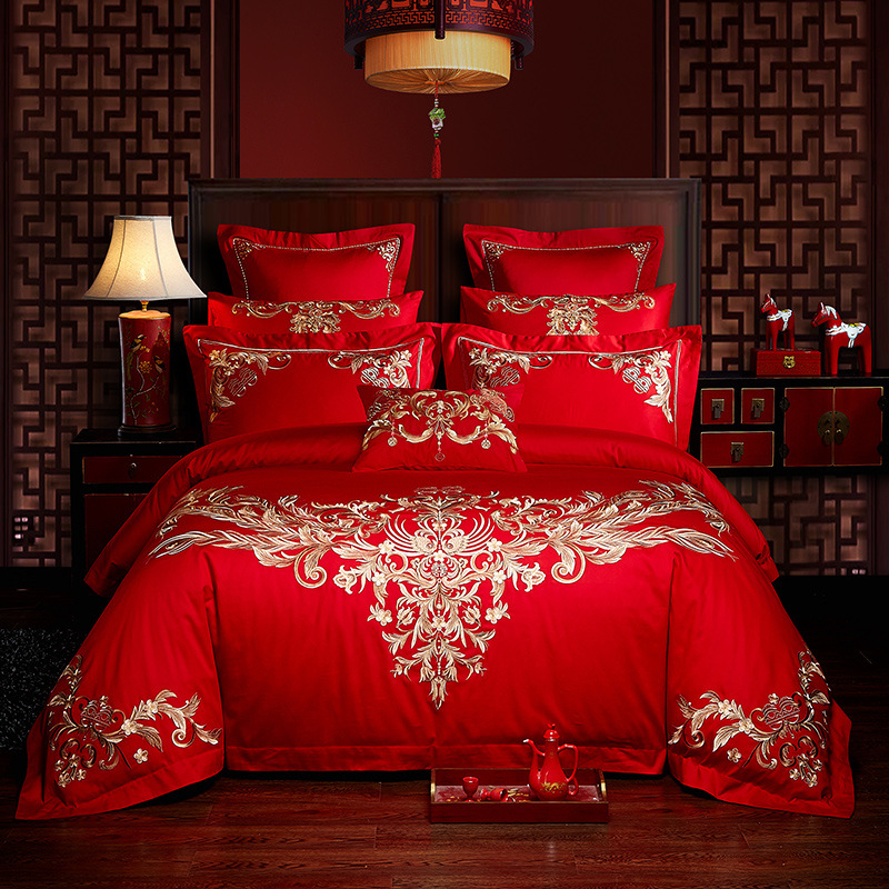 Direct Sales Wedding Embroidery Wedding Four-Piece Jacquard Red Wedding Match Sets-Piece Cotton Bedding Wedding bedding