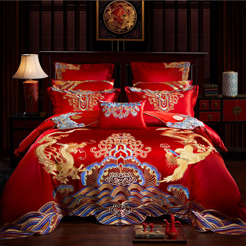 Direct Sales Wedding Embroidery Wedding Four-Piece Jacquard Red Wedding Match Sets-Piece Cotton Bedding Wedding bedding