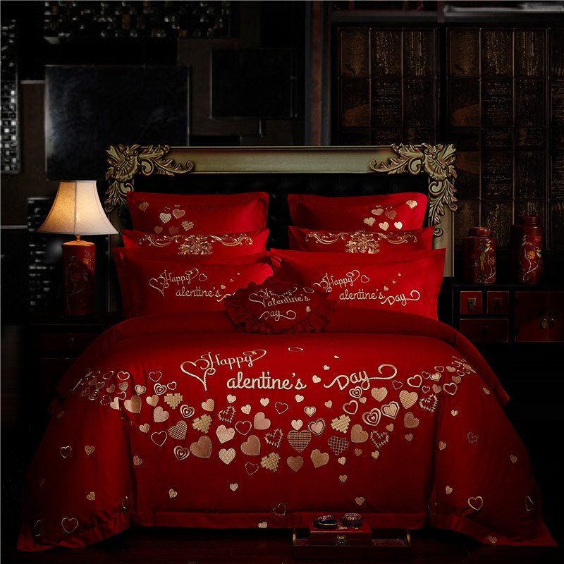 Direct Sales Wedding Embroidery Wedding Four-Piece Jacquard Red Wedding Match Sets-Piece Cotton Bedding Wedding bedding
