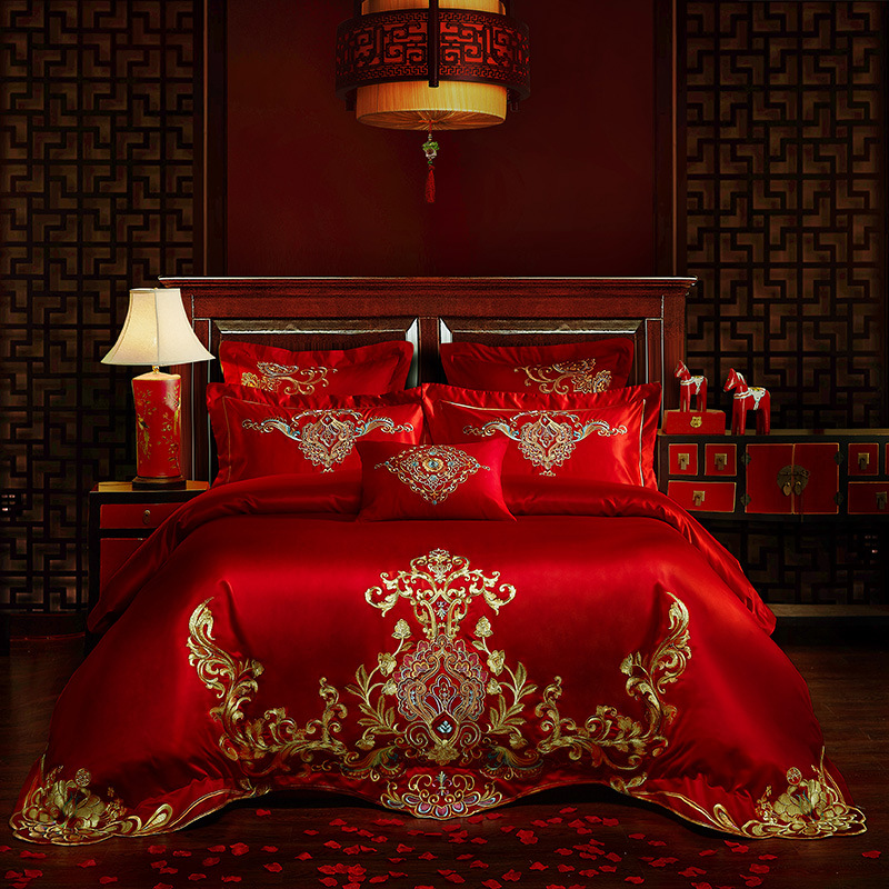 Direct Sales Wedding Embroidery Wedding Four-Piece Jacquard Red Wedding Match Sets-Piece Cotton Bedding Wedding bedding