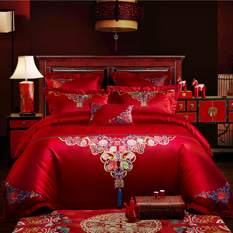 Direct Sales Wedding Embroidery Wedding Four-Piece Jacquard Red Wedding Match Sets-Piece Cotton Bedding Wedding bedding