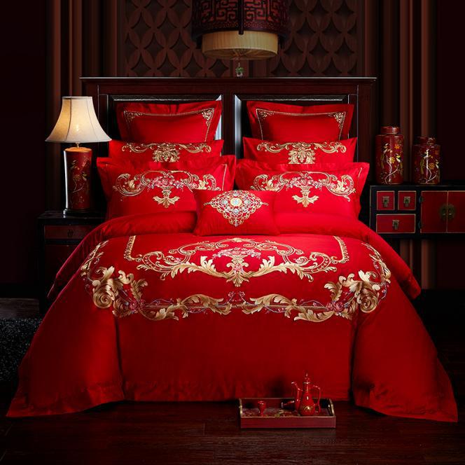 Direct Sales Wedding Embroidery Wedding Four-Piece Jacquard Red Wedding Match Sets-Piece Cotton Bedding Wedding bedding