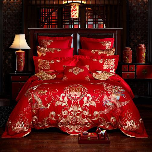Direct Sales Wedding Embroidery Wedding Four-Piece Jacquard Red Wedding Match Sets-Piece Cotton Bedding Wedding bedding