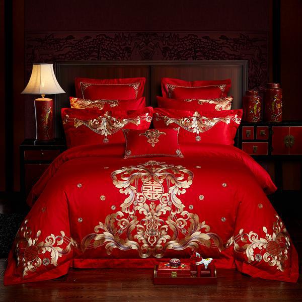Direct Sales Wedding Embroidery Wedding Four-Piece Jacquard Red Wedding Match Sets-Piece Cotton Bedding Wedding bedding
