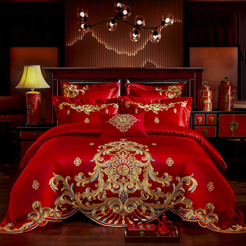 Direct Sales Wedding Embroidery Wedding Four-Piece Jacquard Red Wedding Match Sets-Piece Cotton Bedding Wedding bedding