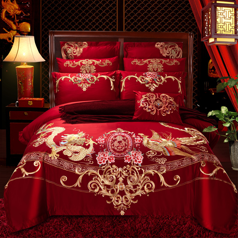 Direct Sales Wedding Embroidery Wedding Four-Piece Jacquard Red Wedding Match Sets-Piece Cotton Bedding Wedding bedding