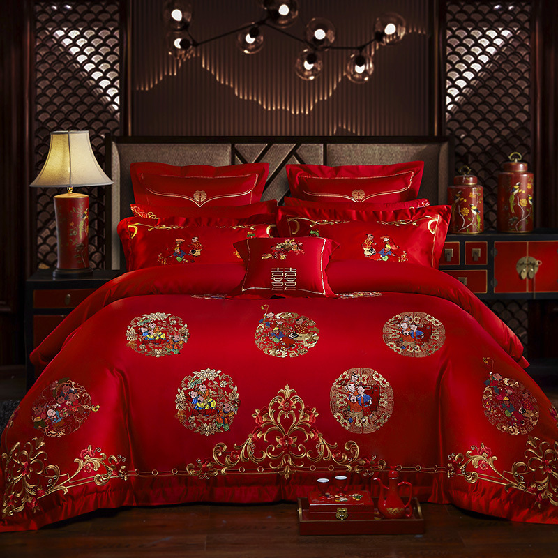 Direct Sales Wedding Embroidery Wedding Four-Piece Jacquard Red Wedding Match Sets-Piece Cotton Bedding Wedding bedding