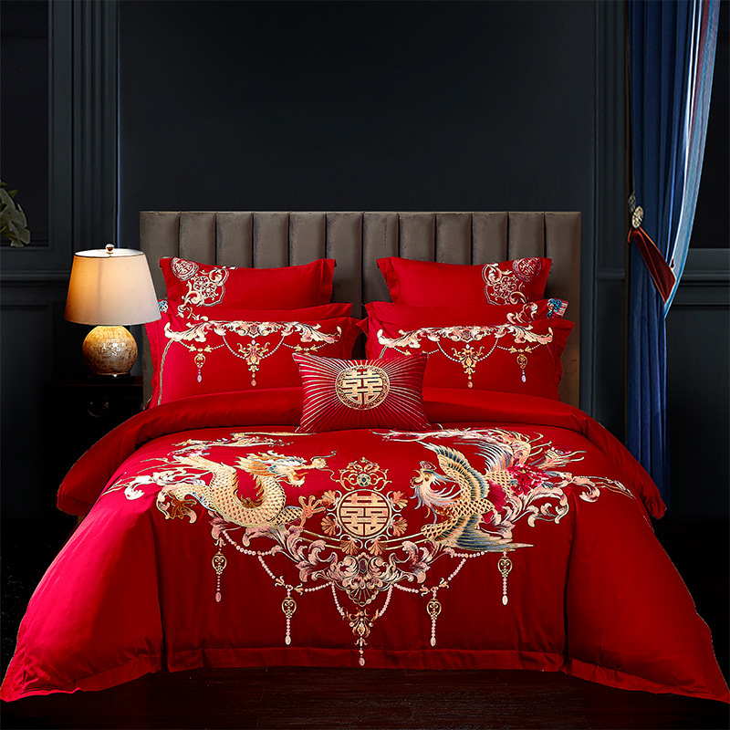 Direct Sales Wedding Embroidery Wedding Four-Piece Jacquard Red Wedding Match Sets-Piece Cotton Bedding Wedding bedding