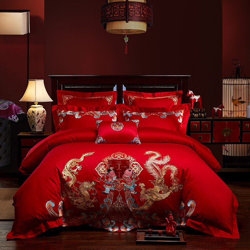 Direct Sales Wedding Embroidery Wedding Four-Piece Jacquard Red Wedding Match Sets-Piece Cotton Bedding Wedding bedding