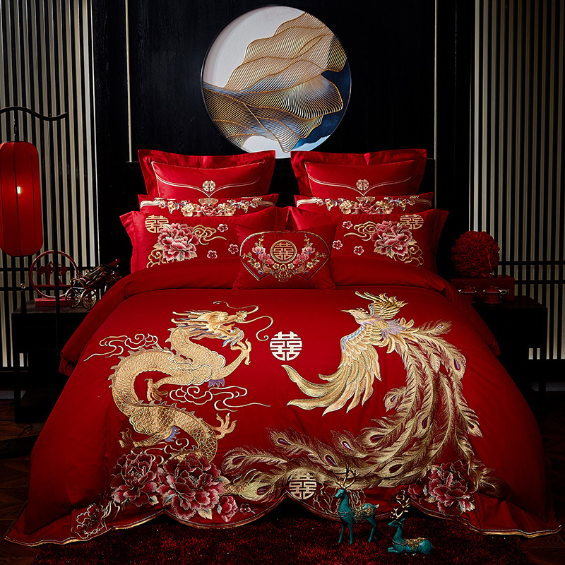 Direct Sales Wedding Embroidery Wedding Four-Piece Jacquard Red Wedding Match Sets-Piece Cotton Bedding Wedding bedding