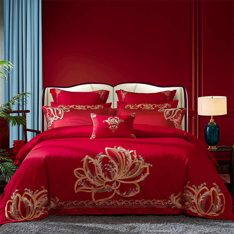 Direct Sales Wedding Embroidery Wedding Four-Piece Jacquard Red Wedding Match Sets-Piece Cotton Bedding Wedding bedding