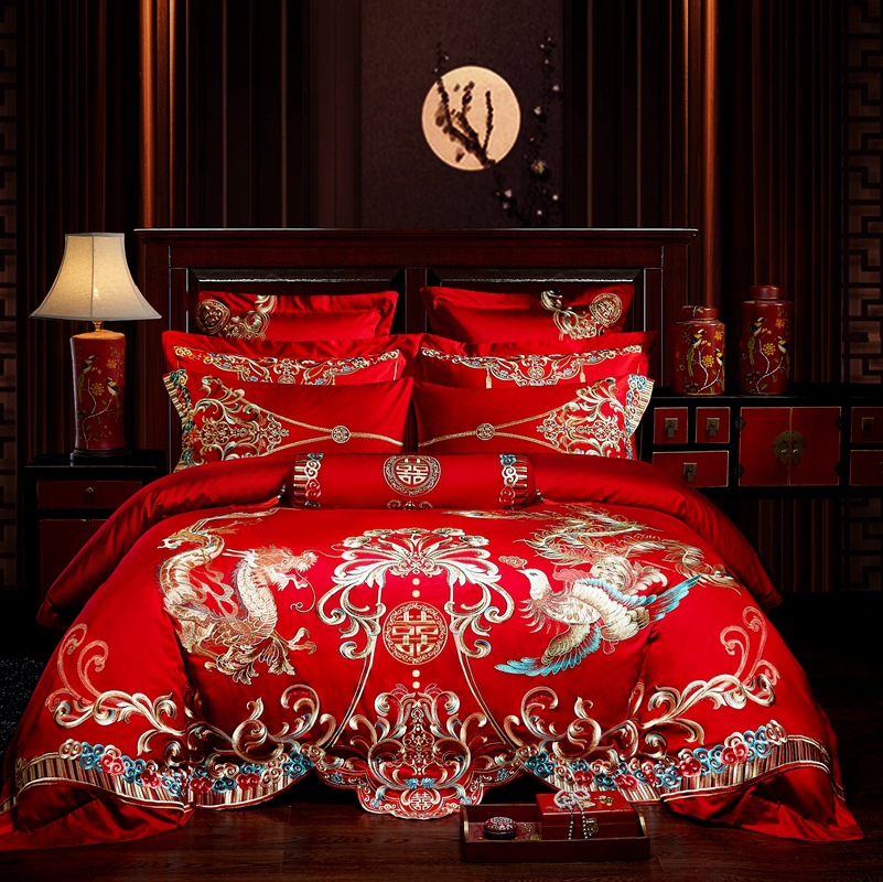 Direct Sales Wedding Embroidery Wedding Four-Piece Jacquard Red Wedding Match Sets-Piece Cotton Bedding Wedding bedding