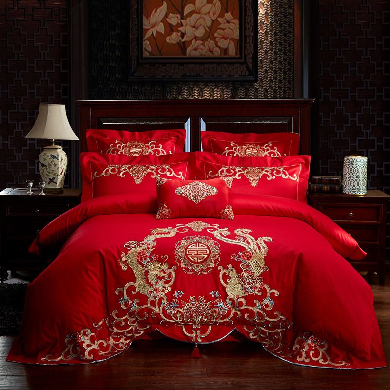 Direct Sales Wedding Embroidery Wedding Four-Piece Jacquard Red Wedding Match Sets-Piece Cotton Bedding Wedding bedding