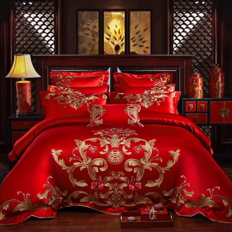 Direct Sales Wedding Embroidery Wedding Four-Piece Jacquard Red Wedding Match Sets-Piece Cotton Bedding Wedding bedding