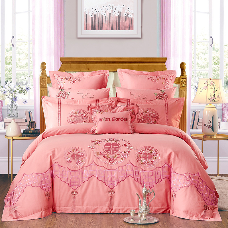 Direct Sales Wedding Embroidery Wedding Four-Piece Jacquard Red Wedding Match Sets-Piece Cotton Bedding Wedding bedding