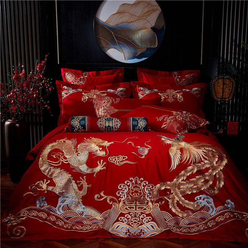 Direct Sales Wedding Embroidery Wedding Four-Piece Jacquard Red Wedding Match Sets-Piece Cotton Bedding Wedding bedding