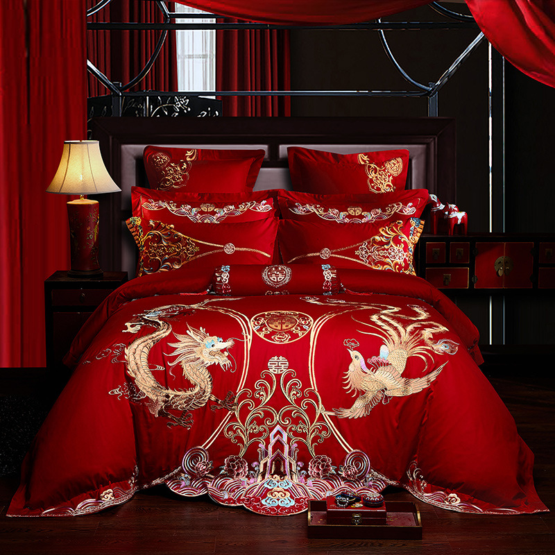 Direct Sales Wedding Embroidery Wedding Four-Piece Jacquard Red Wedding Match Sets-Piece Cotton Bedding Wedding bedding