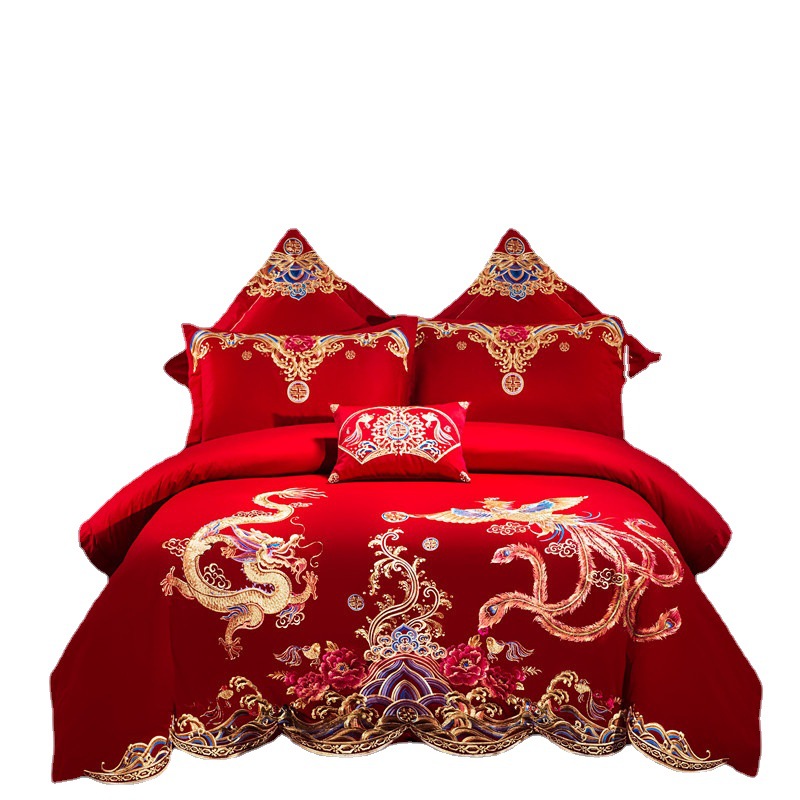 Wedding bedding Embroidered Match Sets Wedding Big Red Joy Quilt Bed Cover Suit Bedding