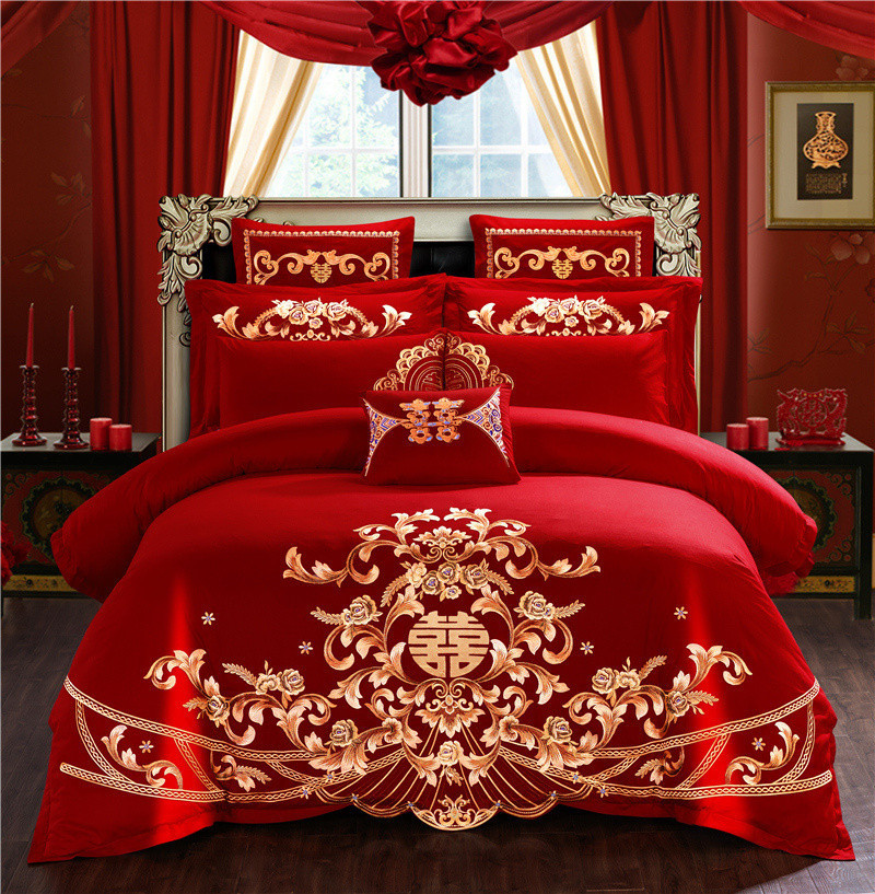 Wedding bedding Embroidered Match Sets Wedding Big Red Joy Quilt Bed Cover Suit Bedding