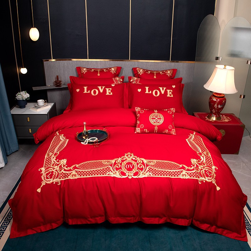 Wedding bedding Embroidered Match Sets Wedding Big Red Joy Quilt Bed Cover Suit Bedding