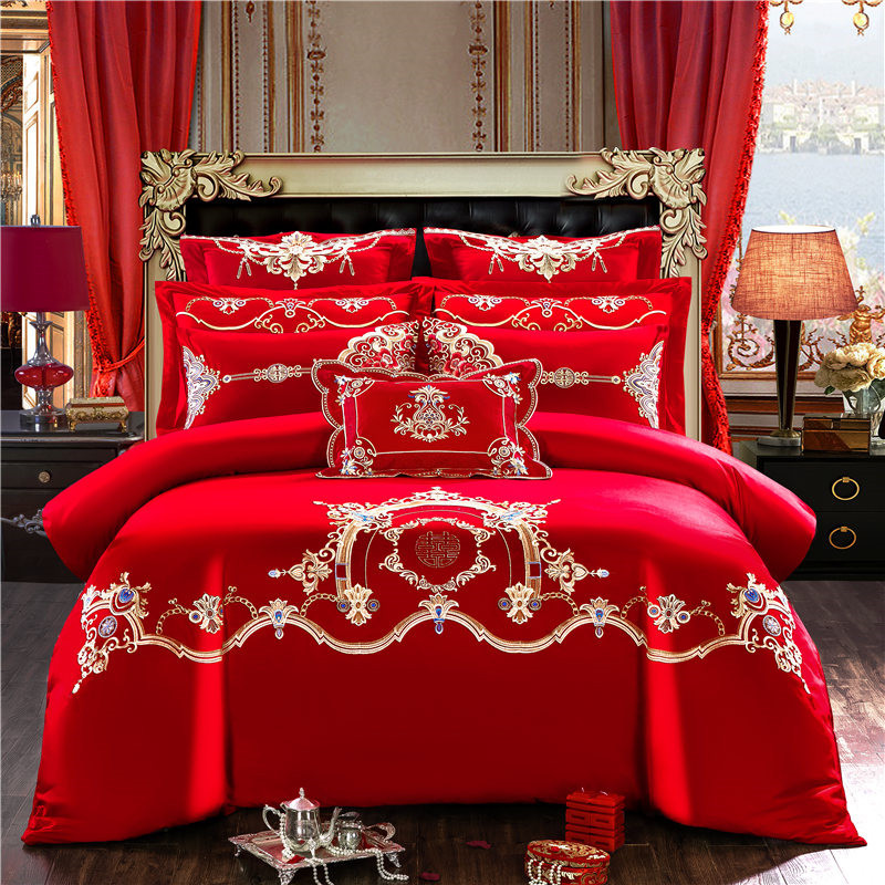 Wedding bedding Embroidered Match Sets Wedding Big Red Joy Quilt Bed Cover Suit Bedding