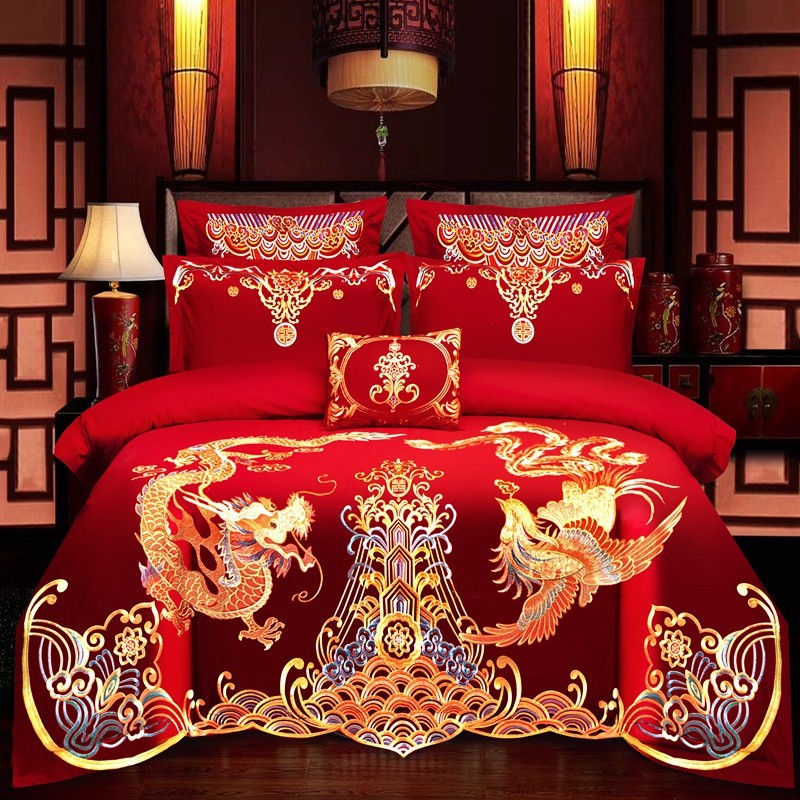 Wedding bedding Embroidered Match Sets Wedding Big Red Joy Quilt Bed Cover Suit Bedding