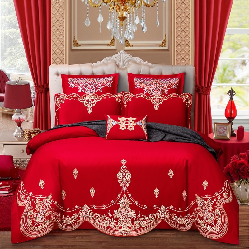 Wedding bedding Embroidered Match Sets Wedding Big Red Joy Quilt Bed Cover Suit Bedding