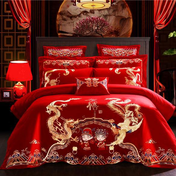 Wedding bedding Embroidered Match Sets Wedding Big Red Joy Quilt Bed Cover Suit Bedding