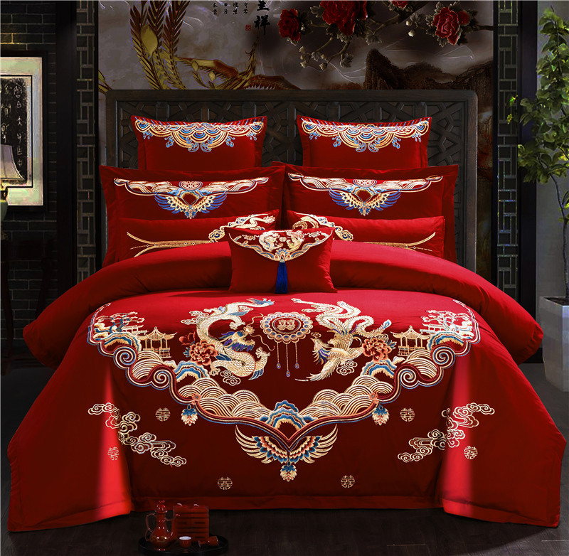 Wedding bedding Embroidered Match Sets Wedding Big Red Joy Quilt Bed Cover Suit Bedding