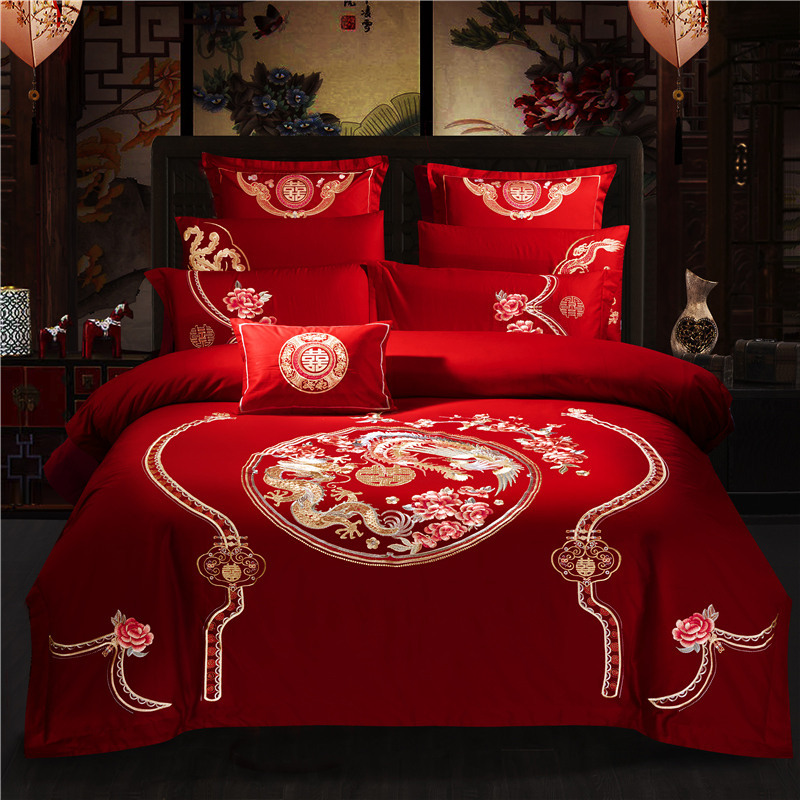 Wedding bedding Embroidered Match Sets Wedding Big Red Joy Quilt Bed Cover Suit Bedding