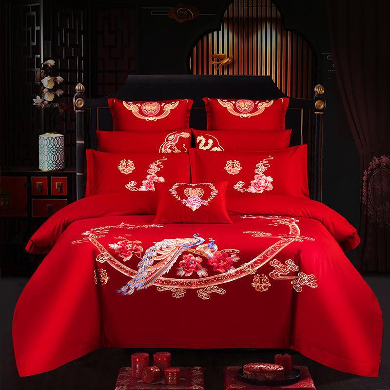Wedding bedding Embroidered Match Sets Wedding Big Red Joy Quilt Bed Cover Suit Bedding