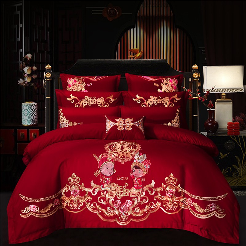 Wedding bedding Embroidered Match Sets Wedding Big Red Joy Quilt Bed Cover Suit Bedding