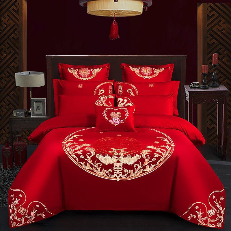 Wedding bedding Embroidered Match Sets Wedding Big Red Joy Quilt Bed Cover Suit Bedding