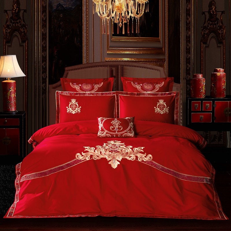 Wedding bedding Embroidered Match Sets Wedding Big Red Joy Quilt Bed Cover Suit Bedding