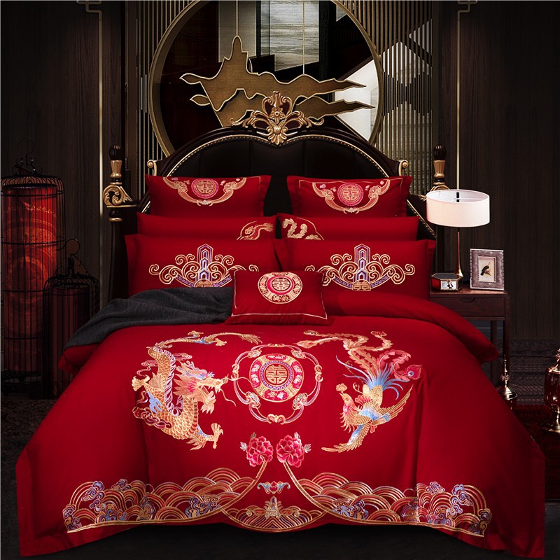 Wedding bedding Embroidered Match Sets Wedding Big Red Joy Quilt Bed Cover Suit Bedding