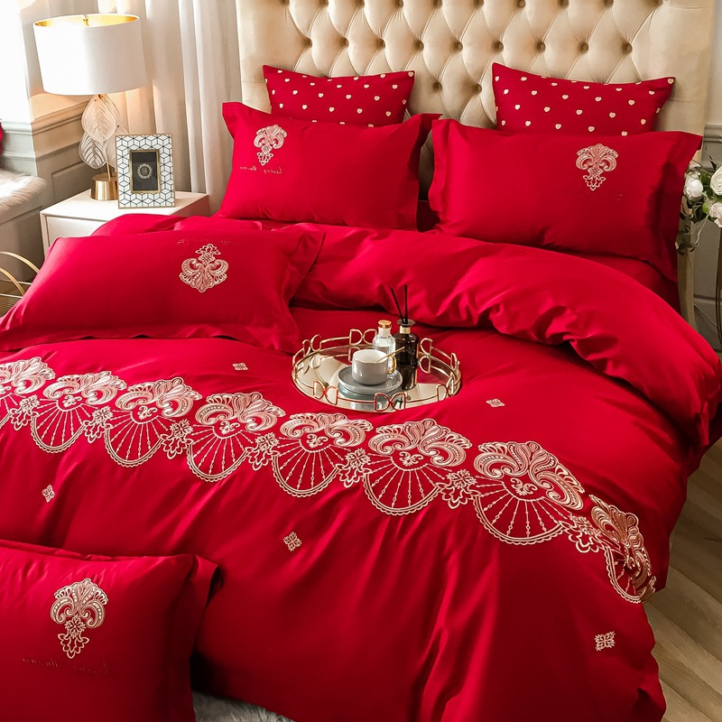 Wedding bedding  Set Bright Red 60S All Cotton Pure Cotton Bedding Wedding 4-Piece Set Gift High-End Set Wholesale