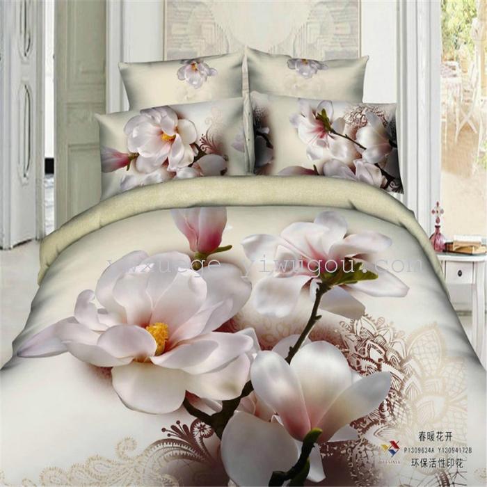 Horse blow four-piece 3D reactive dye printing of cotton four piece Super icing wedding bedding Snow Bird House textiles