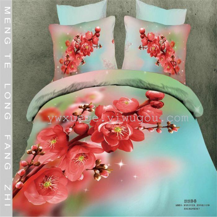 Horse blow four-piece 3D reactive dye printing of cotton four piece Super icing wedding bedding Snow Bird House textiles
