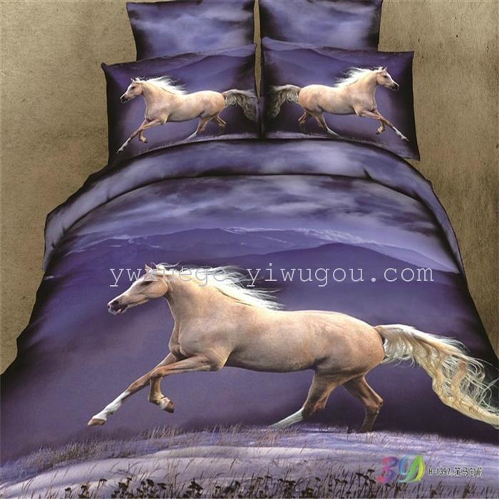 Horse blow four-piece 3D reactive dye printing of cotton four piece Super icing wedding bedding Snow Bird House textiles