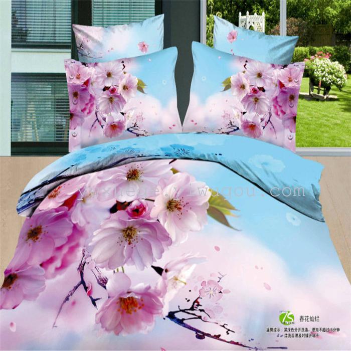 Horse blow four-piece 3D reactive dye printing of cotton four piece Super icing wedding bedding Snow Bird House textiles