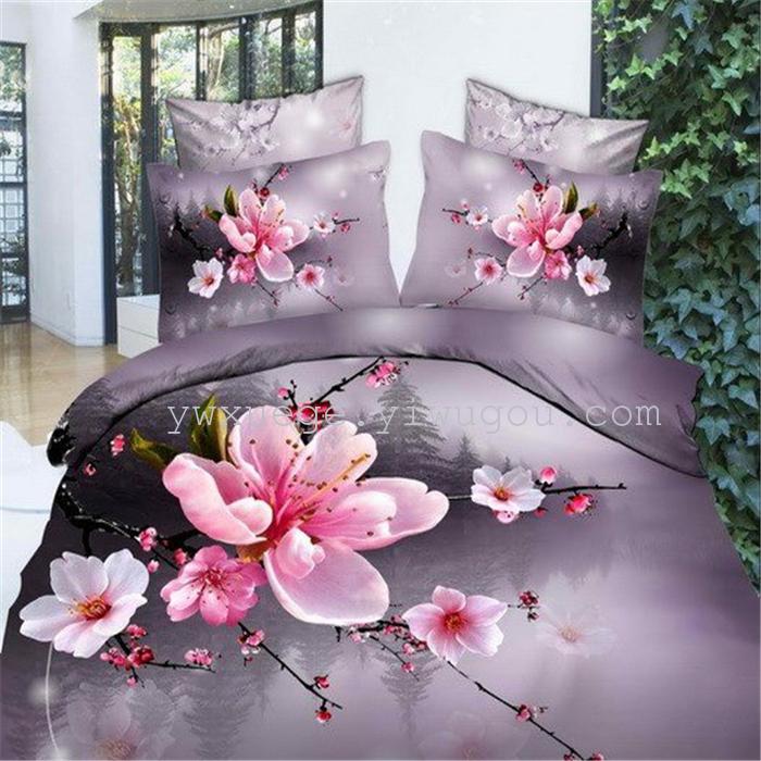 Horse blow four-piece 3D reactive dye printing of cotton four piece Super icing wedding bedding Snow Bird House textiles